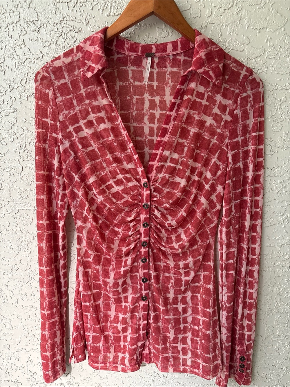 Free People Lucky Shirtee Mesh Ruched Button up Rust Brick Retro Geometric Small